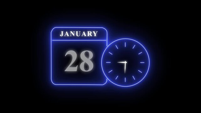 Neon january 28 calendar and clock design on dark background