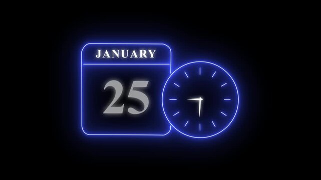 Neon january 25 calendar and clock illustration