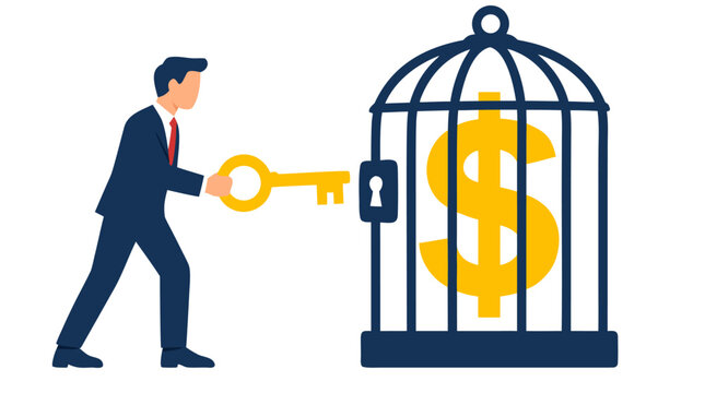 Professional businessman holding golden key unlocking dollar sign in cage financial freedom wealth access concept flat vector illustration on white background - detailed commercial stock imagery