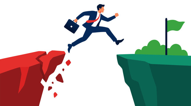 Businessman in suit leaping across chasm from crumbling unstable red cliff edge to stable green platform with flag, career risk and stability concept, bold flat vector illustration