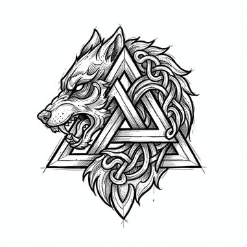 Aggressive Wolf Head with Valknut and Celtic Flourishes