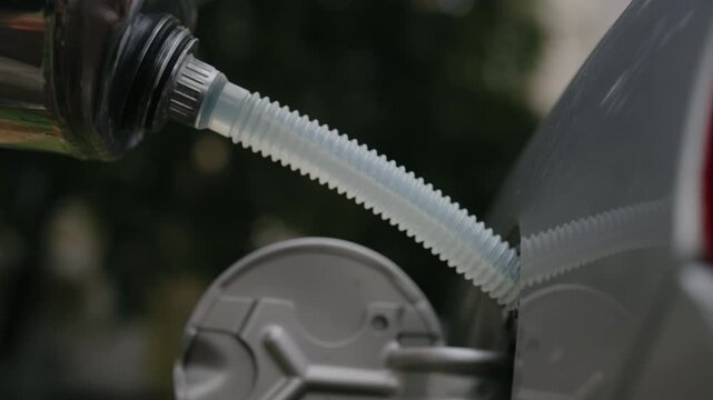 Closeup of fuel being transferred from container into vehicle tank using flexible hose. Concept of roadside assistance, fuel crisis. Shooting in slow motion.