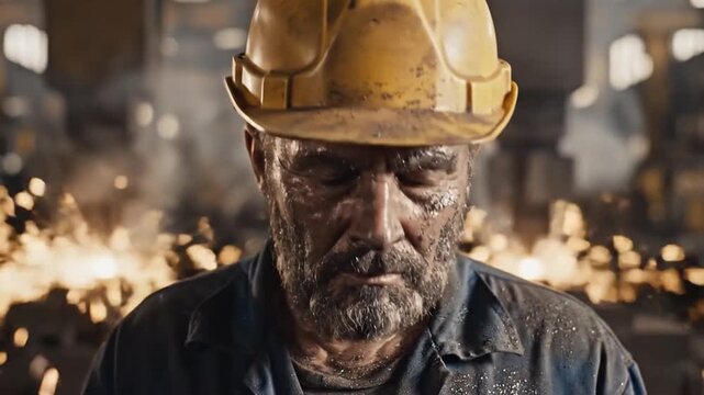 Tired steelworker wipes sweat from forehead inside blazing foundry. Gruff industrial worker pauses beneath hard hat, facing camera with weary resolve as sparks glow behind him during demanding labor.