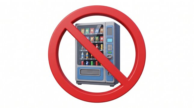 3D illustration of a forbidden vending machine concept with a red prohibition symbol on white background