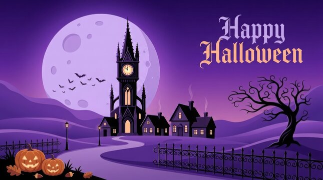 A spooky and delightful halloween night scene featuring a silhouette castle bats and glowing jack o' lanterns under a full moon