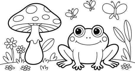 Fototapeta premium Cute, frog, sitting, near, mushroom, with, butterflies, and, flowers, line, art, illustration, for, kids, coloring, page, vector, isolated, background.