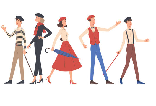 Group of stylish retro french people wearing berets and vintage clothing standing and walking in flat illustration style