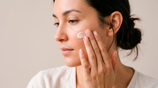 Young woman applying moisturizer to her face in a skincare routine with natural light