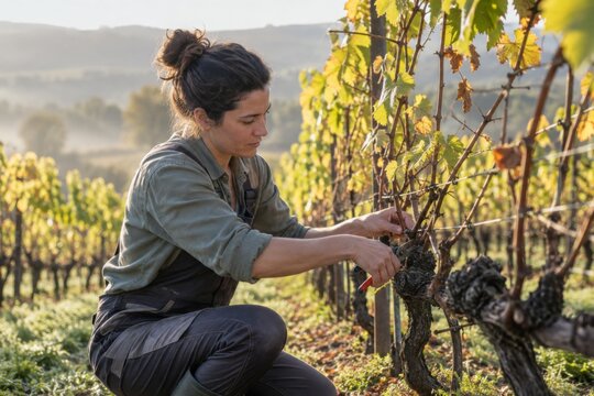 Vineyard Worker Pruning Grapevines in Autumn
