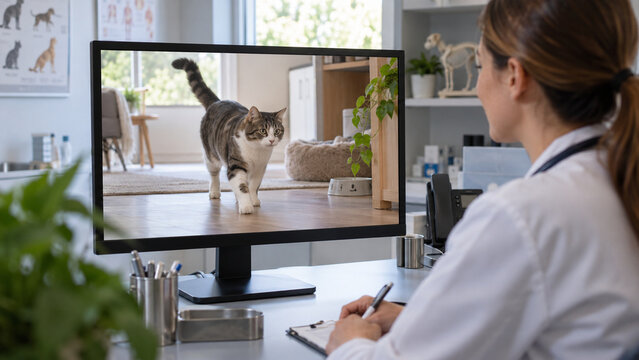 Vet Observes Cat Through Secure Video Interface