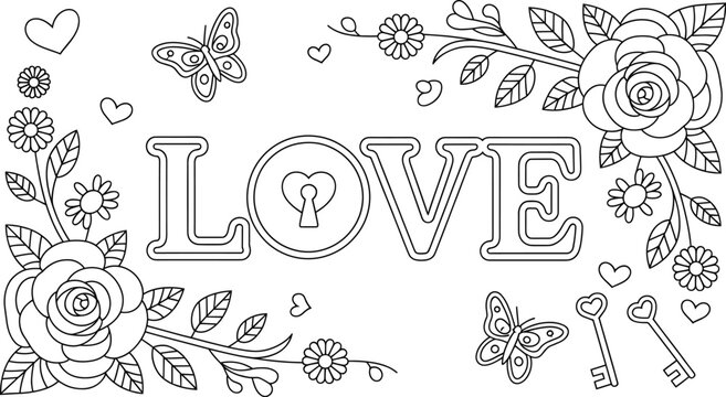 Love, typography, with, roses, butterflies, hearts, and, keys, line, art, illustration, for, adult, coloring, page, vector, isolated, background, design, element.