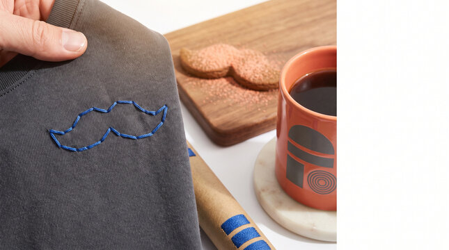 Hand holding t-shirt with mustache embroidery and coffee mug  