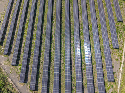 Aerial view of a solar energy farm