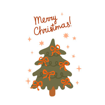 Merry Christmas text and pine tree with bows. Hand drawn Xmas greeting card with lettering sign and decorated evergreen. Cute festive holiday design. Flat vector illustration.