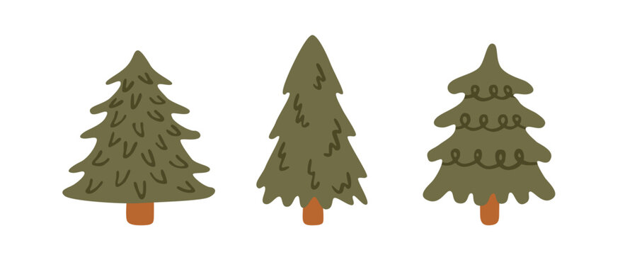 Hand drawn Christmas pine tree set. Collection of Xmas evergreen tree plants isolated on white background. Cute woodland conifer. Festive holiday design. Flat vector illustration.