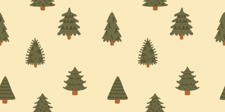 Seamless pattern with pine trees. Hand drawn woodland evergreen background. Cute green conifer plants. For fabric, wallpaper, and textile designs. Flat vector illustration.
