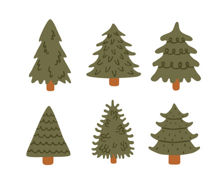 Woodland pine tree collection. Set of Christmas evergreen tree plants isolated on white background. Cute forest conifer. Festive holiday design. Hand drawn flat vector illustration.