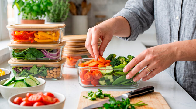 Person organizing fresh vegetables in a kitchen with glass containers and cutting board
