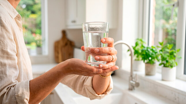 Person holding a glass of water in a bright kitchen with natural light