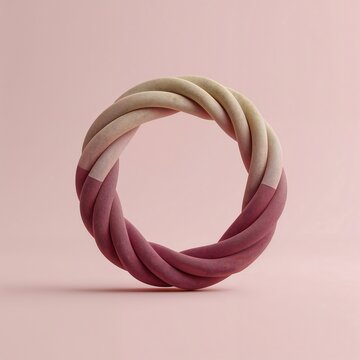 Circular ring made of twisted soft matte with a gradient transition from light beige to deep burgundy on a pale pink background