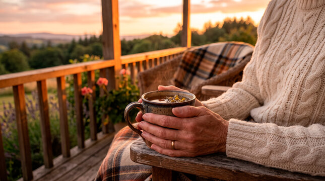 Close-up of mature woman holding a cup of tea in a cozy outdoor setting with natural light