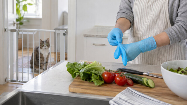 Hands Change Gloves After Handling Raw Pet Food