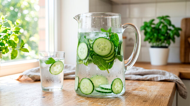 Glass pitcher with water and cucumber slices on a kitchen countertop with copy space