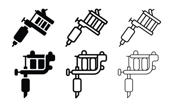 Tattoo machine icons in various styles on white background vector illustration