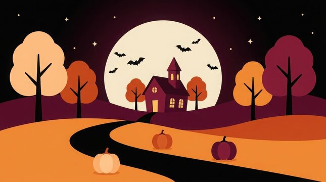 A spooky halloween night scene with a haunted house bats flying and a glowing moon in a dark and mysterious forest landscape