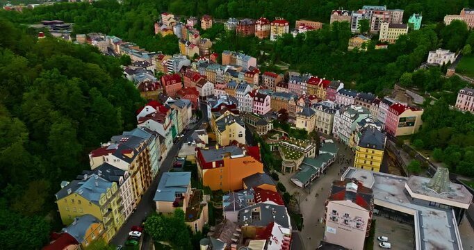 Aerial view of a beautiful forest city featuring incredibly fairytale, like architecture and thermal springs with healing water, Karlovy Vary, Czech Republic