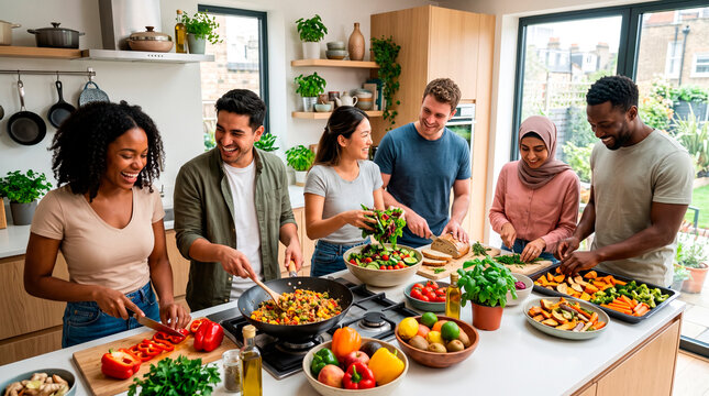 Group of diverse friends preparing healthy dinner in modern kitchen with natural light