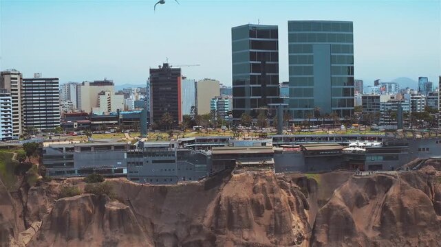 Aerial View of Miraflores Skyline and Costa Verde Cliffs in Lima Peru