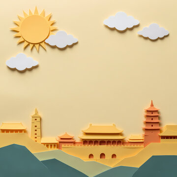 Colorful paper cutout design shows buildings and mountains with a sun and clouds set against a plain background. It celebrates China Day with art Generative AI