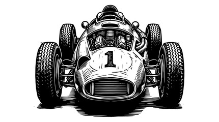 Obraz premium Vintage racing car with number one sign in a detailed black and white ink sketch drawing illustration for sport design