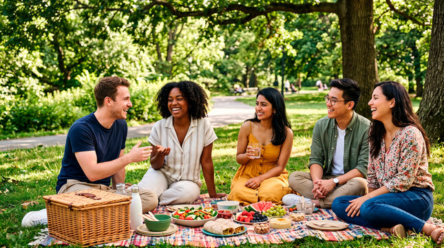 Group of diverse friends having picnic in park with food and drinks