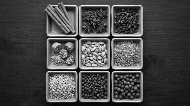 Monochrome spice collection arranged in a 3x3 grid, featuring cinnamon, star anise, cloves, cardamom and peppercorns, top view, textured stone background, minimalist food photography.