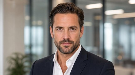 Fototapeta premium Head-and-shoulders portrait of a serious adult businessman in a dark suit and open-collar white shirt, standing in a modern office