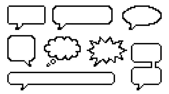 Set of black pixel art speech bubbles and comic thought clouds for retro video game design and digital chat interface