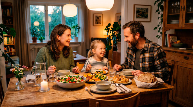 Family of four enjoying healthy dinner at home with natural light