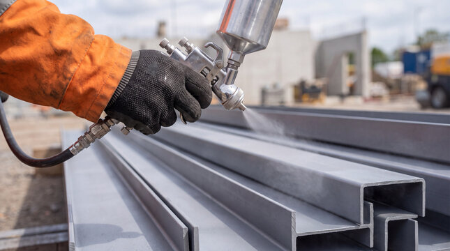 Worker sprays paint on steel beams at a construction site in daylight