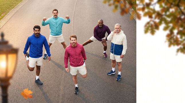 Group of men jogging together on a road during autumn  
