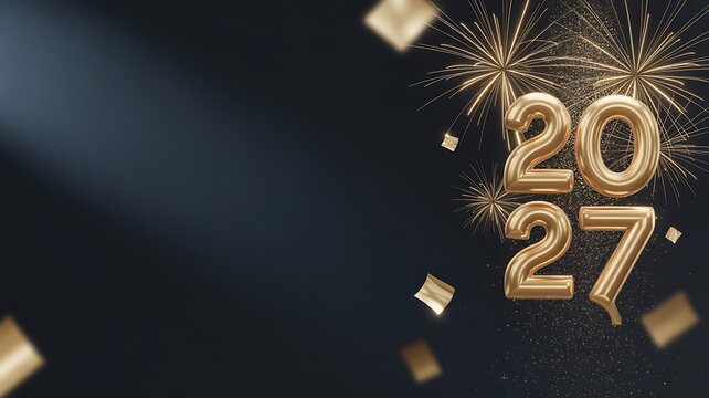 Golden new year 2027 celebration with confetti and sparkling lights background