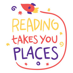 Obraz premium Flying rocket reading doodle badge