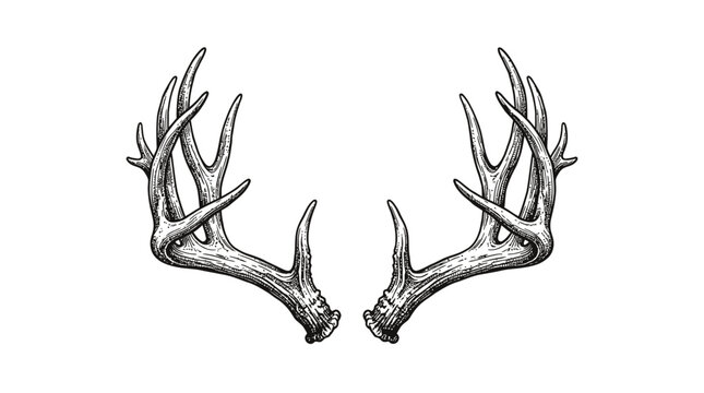Detailed hand drawn illustration of deer antlers for hunting badge or wildlife logo design in vintage sketch style