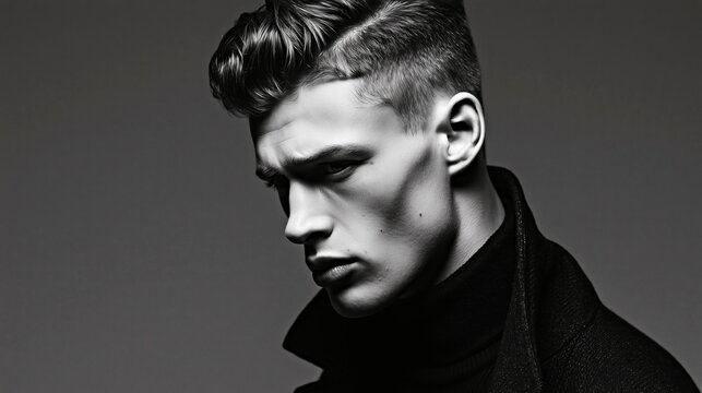 Black and white portrait of a stylish young man with a sculpted pompadour and dark coat against a gray background for grooming advertising.

