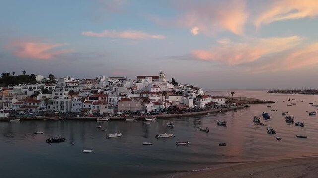 Scenic aerial view of ferragudo village in portugal at sunset