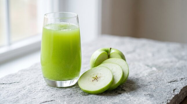 Fresh glass of green apple juice served with sliced fruit on a textured stone table
