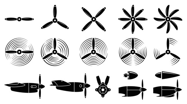 Set of black airplane propeller icons and flight engine parts for aviation design and engineering technical graphics