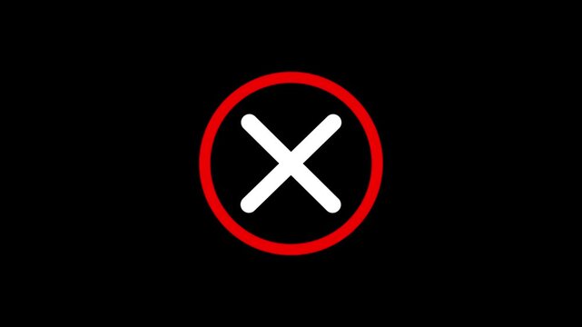 Animated red circle cross mark minimalist ui symbol for error or decline, isolated on black background