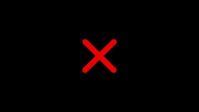 Red x mark symbol animation on black background, for error notification, and rejection concept, cross